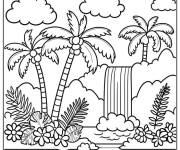 Coloriage Des palmiers devant un cascade