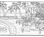 Coloriage Des palmiers qui entourent le piscine d'h&ocirc;tel pour vacances