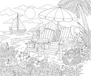 Coloriage Deux chaises longs sur la plage tropicale sous un palmier