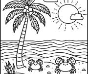 Coloriage Deux crabes sur la plage sous le palmier