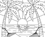 Coloriage Deux palmiers avec le soleil d'&eacute;t&eacute; au centre