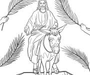 Coloriage Illustration de j&eacute;sus sur ane &agrave; motif de feuilles de palmier