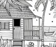 Coloriage Image d'une maison au bord de la mer devant un palmier