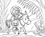 Coloriage J&eacute;sus sur un &acirc;ne sous le palmier