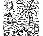 Coloriage L'&eacute;t&eacute; sur un plage avec un palmier