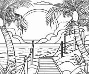 Coloriage la plage d'un hotel avec les palmiers