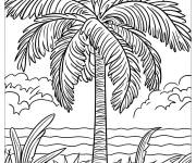 Coloriage Les nuages, la plage et les arbres de palmiers en couleurs cp