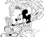 Coloriage Mickey Mouse passe sa vacance sous les palmier sur la plage