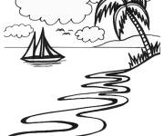 Coloriage Navire flottant sur la mer pr&eacute;s d'un plage avec un palmier