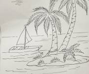 Coloriage Navire, soleil et ile avec des palmiers
