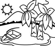 Coloriage Navire sur la plage ou on trouves des palmiers