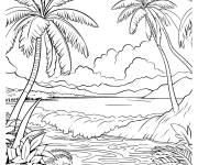 Coloriage Oasis de palmiers sur la c&ocirc;te tranquille