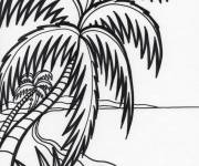 Coloriage Palmier avec des grosses feuilles sur la plage