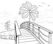 Coloriage Palmier devant un pont sur la plage