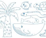 Coloriage Palmier et poissons