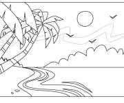 Coloriage Palmier sous le soleil avec des oiseau sur la plage