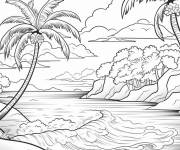 Coloriage Palmiers devant la vaste foret de l'ile