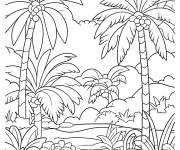Coloriage Palmiers tropicaux et fleurs luxuriantes