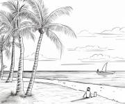 Coloriage Petit gar&ccedil;on sur la plage avec des jolies palmiers