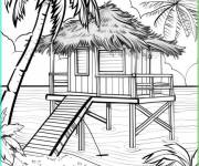 Coloriage Petite maison sur un ile avec palmier magique