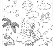 Coloriage Petite sir&egrave;ne sur plage devant des palmiers