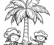 Coloriage Pirates Chibi pr&egrave;s d'un palmier sur une &icirc;le au tr&eacute;sor