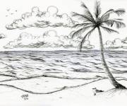 Coloriage Tableau de la plage avec des nuages et des palmiers
