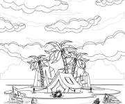Coloriage Tente devant des palmiers dans un ile
