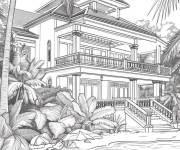 Coloriage Tr&egrave;s belle maison avec des palmier devant