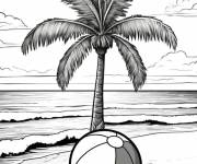 Coloriage Un ballon sur la plage sous un arbre de palmier