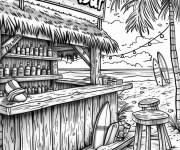 Coloriage Un bar sur la plage avec des palmiers