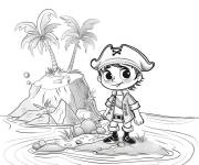 Coloriage Un jeune pirate devant l'ile et le palmier