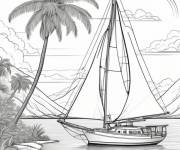Coloriage Un yacht sur la plage ou on trouve un joli palmier