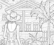 Coloriage Une femme devant une maison et un arbre palmier