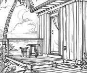 Coloriage Une maison &agrave; la plage devant un palmier