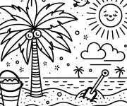 Coloriage Vacance et ile avec un palmier en noir et blanc