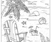 Coloriage Vacance sur plage avec palmier pendant un jour d'&eacute;t&eacute;