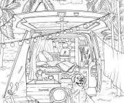 Coloriage Voiture et chien pour camping sous les palmiers