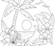 Coloriage Vue de palmier sur un plage avec des fleurs en contours