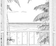 Coloriage Vue de palmiers aupr&egrave;s d'une fenetre