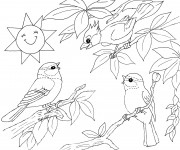 Coloriage Paysage de Oiseaux qui chantent