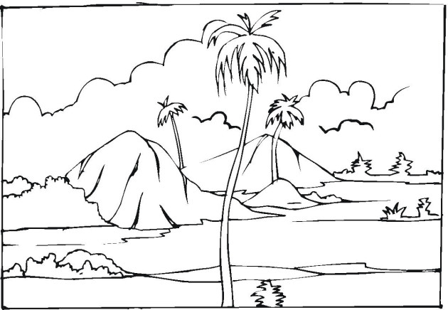 Coloriage Paysage de Palmier sur une île dessin gratuit à imprimer