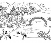 Coloriage Paysage Jardin Chinois