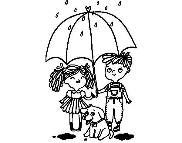 Coloriage et dessins gratuits Enfants et leur chien sous la Pluie à imprimer