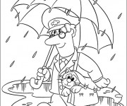 Coloriage Un facteur travaille sous la pluie avec son chat