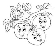Coloriage Trois pommes rigolotes sur les branches de pommier