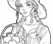 Coloriage Une belle fille tenant un panier de pomme