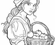 Coloriage Une fille de dessin anim&eacute; avec un panier de pommes
