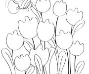 Coloriage Abeille et tulipes marque le d&eacute;but du printemps