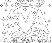Coloriage Arbre et champignons heureux de c&eacute;l&eacute;brer le Printemps